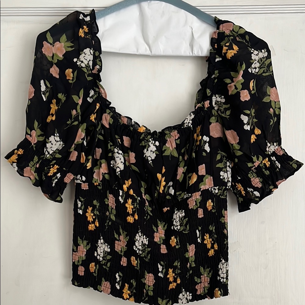 Reformation Black Floral Ruffle Blouse